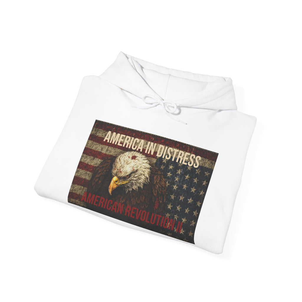 America in Distress Hoodie — Patriotic Eagle Flag Sweatshirt ("American Revolution")