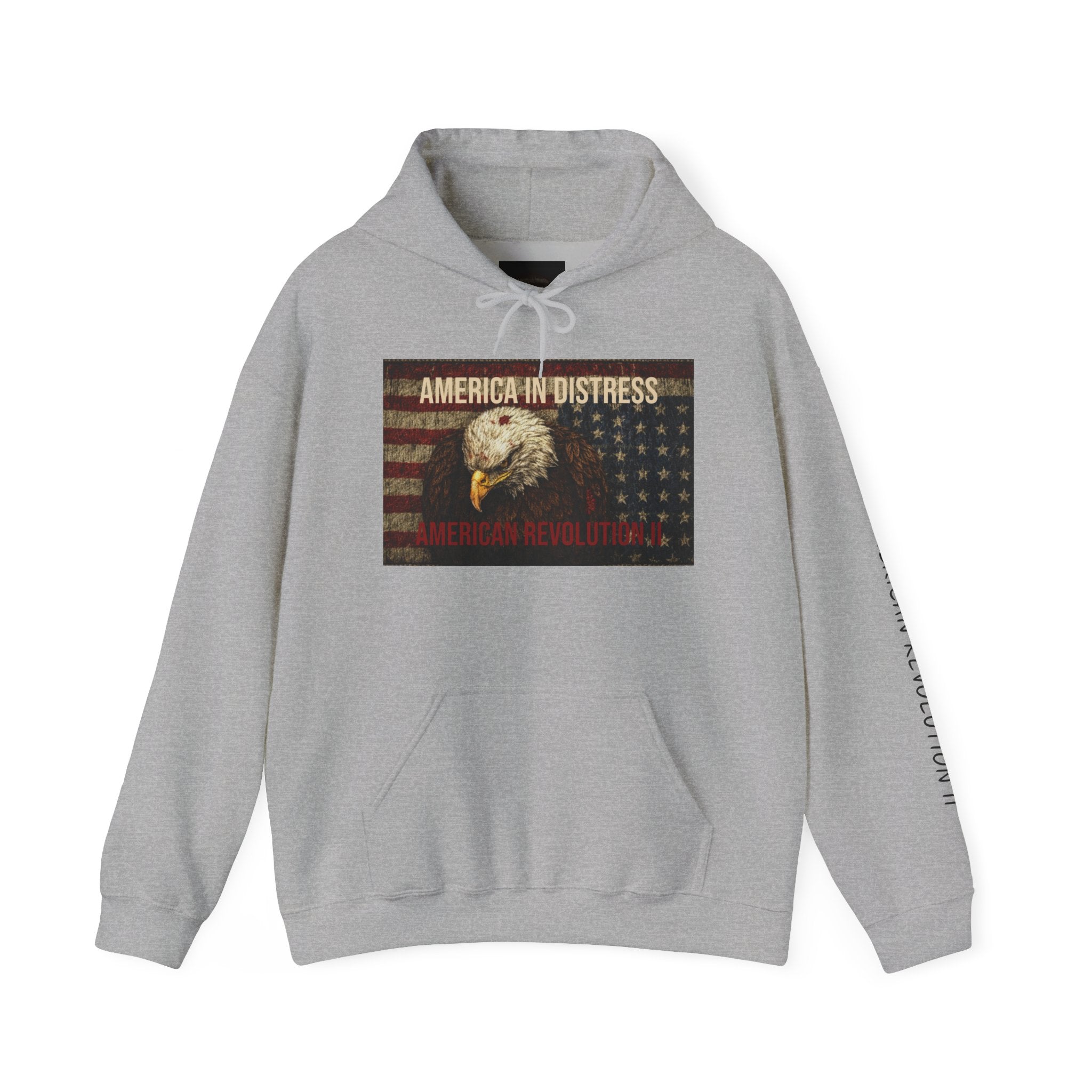 America in Distress Hoodie — Patriotic Eagle Flag Sweatshirt ("American Revolution")