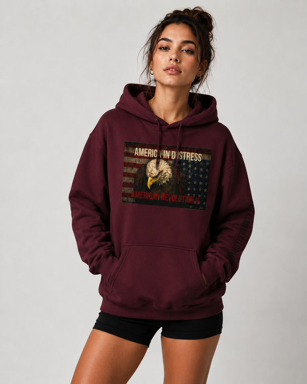 America in Distress Hoodie — Patriotic Eagle Flag Sweatshirt ("American Revolution")