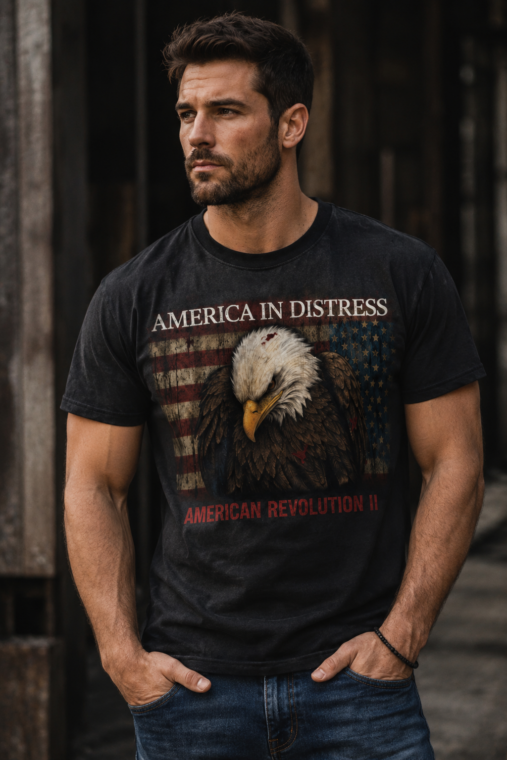 America In Distress Eagle Flag T‑Shirt — Patriotic Bald Eagle Tee