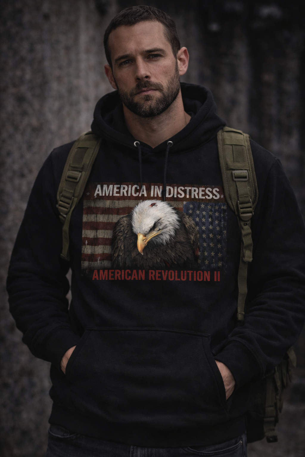America in Distress Hoodie — Patriotic Eagle Flag Sweatshirt ("American Revolution")