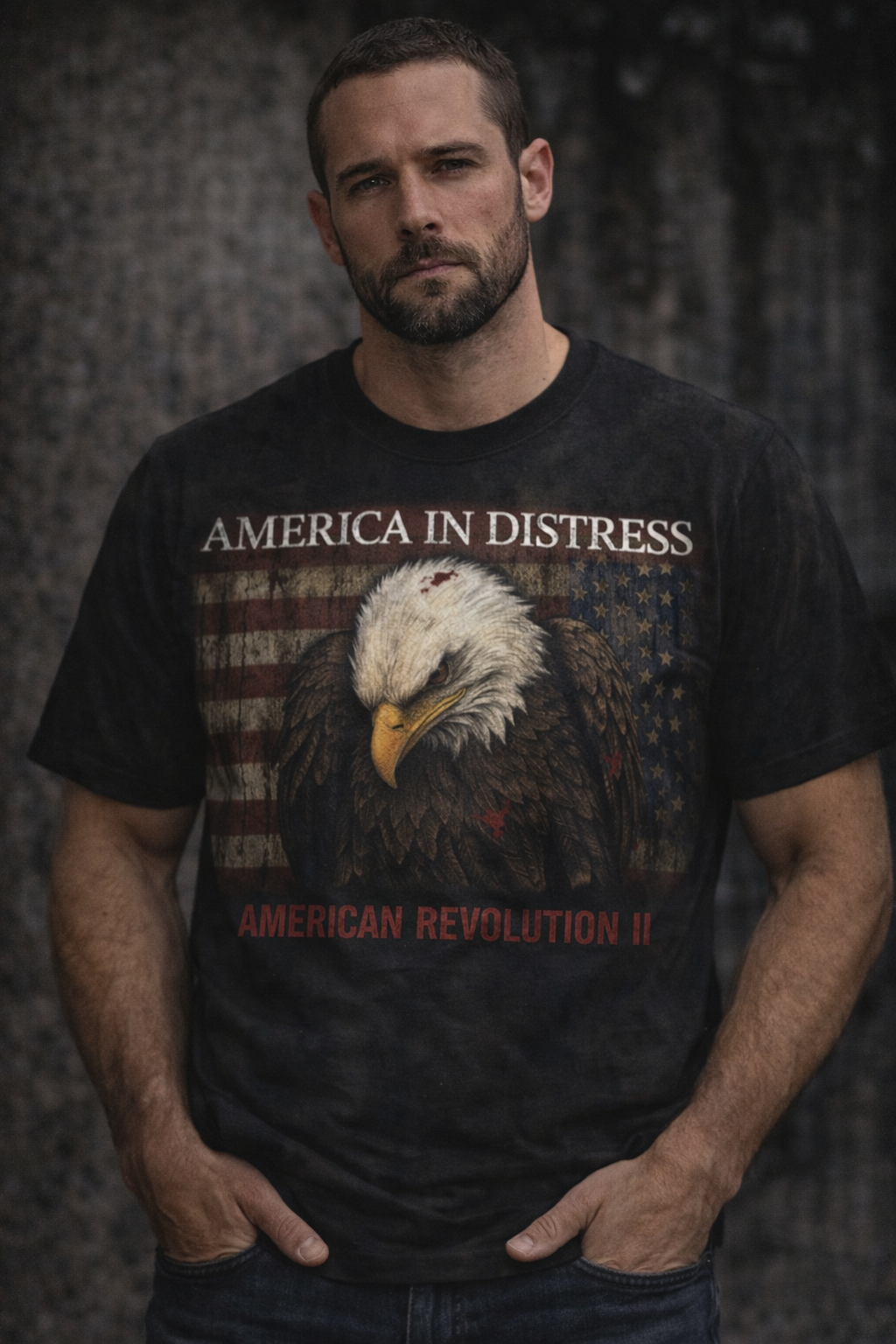 America In Distress Eagle Flag T‑Shirt — Patriotic Bald Eagle Tee