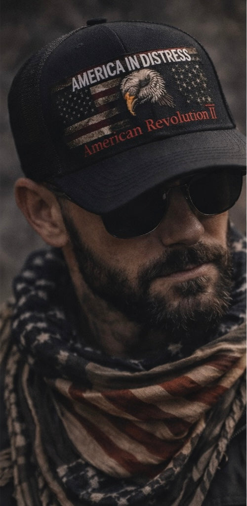 America In Distress trucker hat worn by man patriotic streetwear eagle design