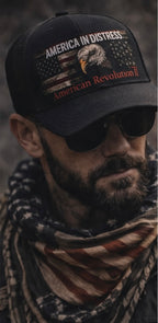 America In Distress trucker hat worn by man patriotic streetwear eagle design